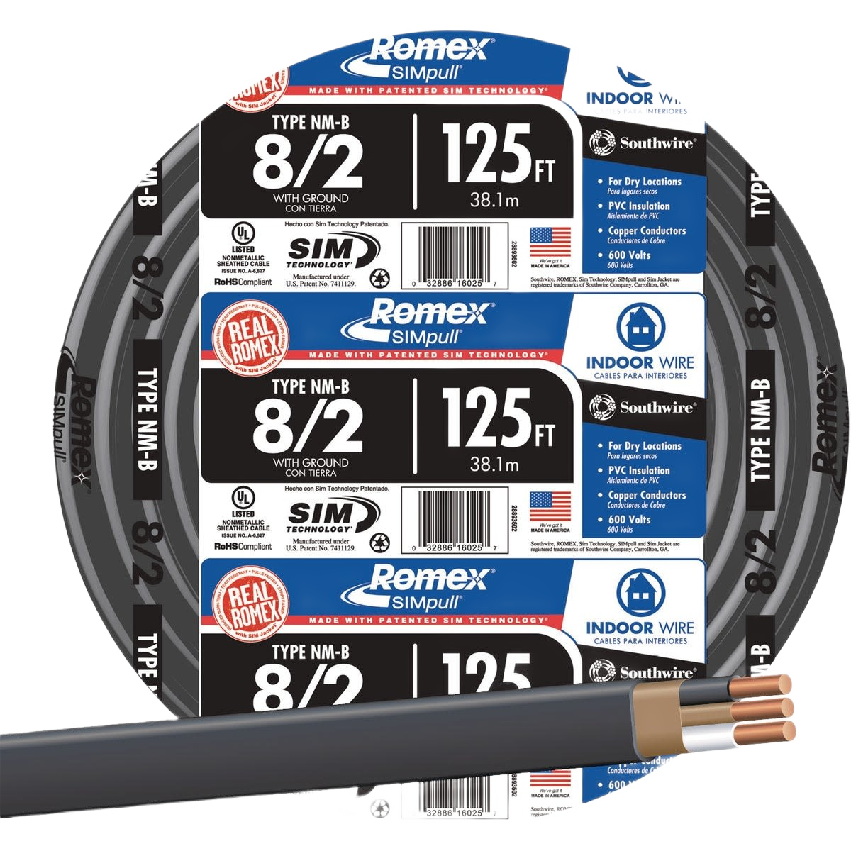 Black solid electrical wire spool labeled 8/2 gauge 125 feet for residential wiring in building wire and electrical collections