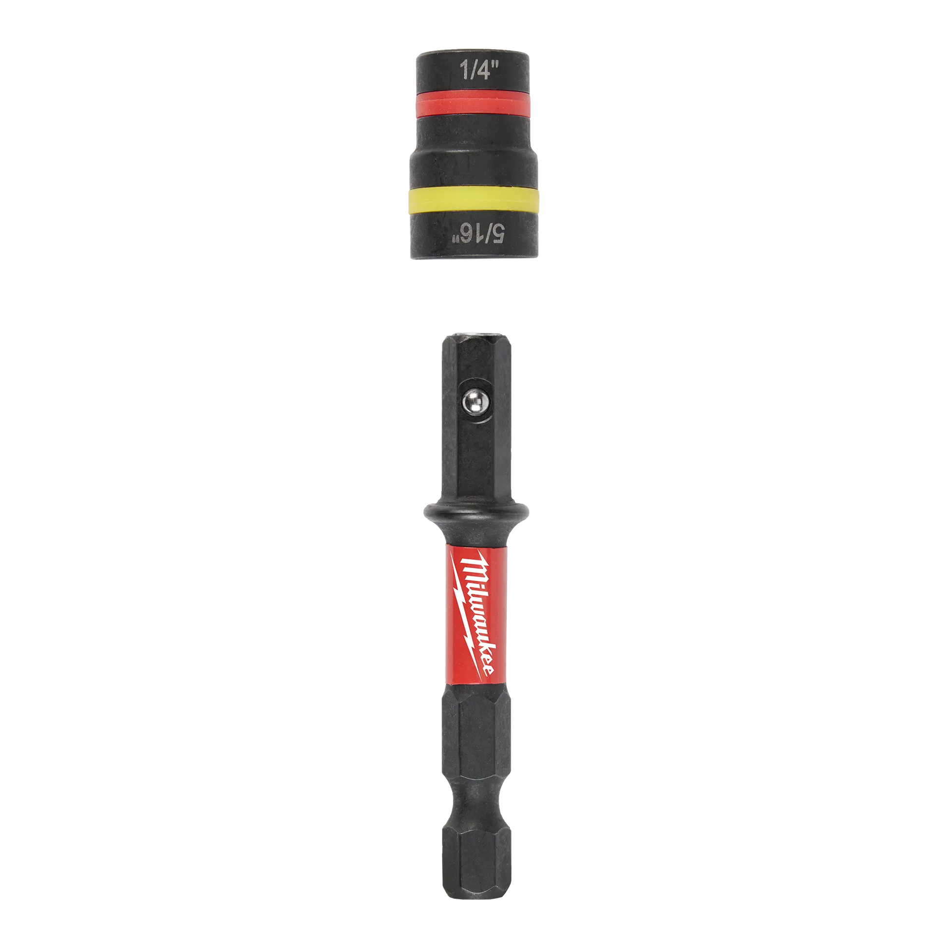 Magnetic nut driver with red and yellow rings, compatible with 1/4” and 5/16” sizes for tool accessories collection