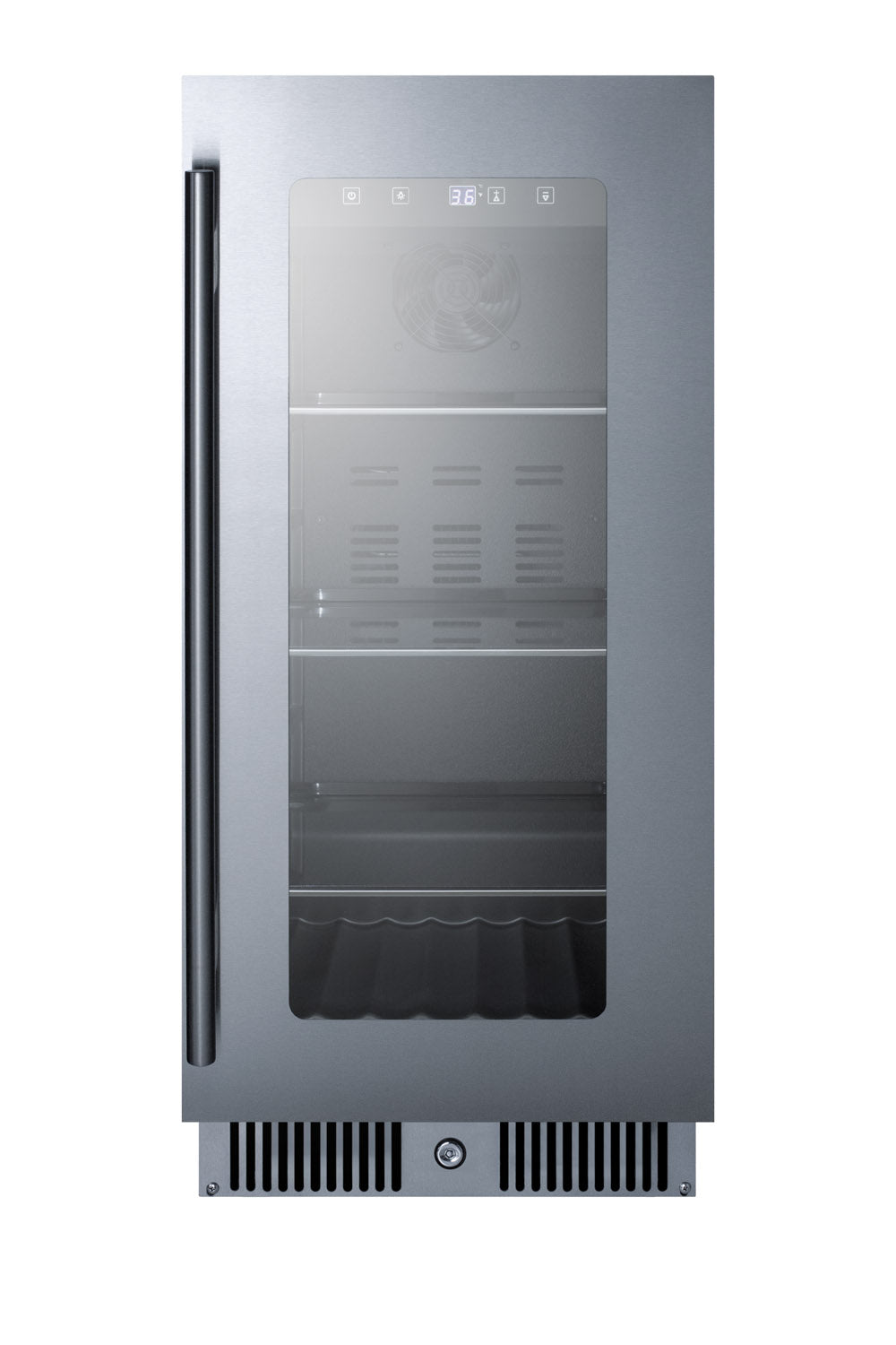 15-inch wide built-in beverage center with stainless steel door and glass window for kitchen appliance collections
