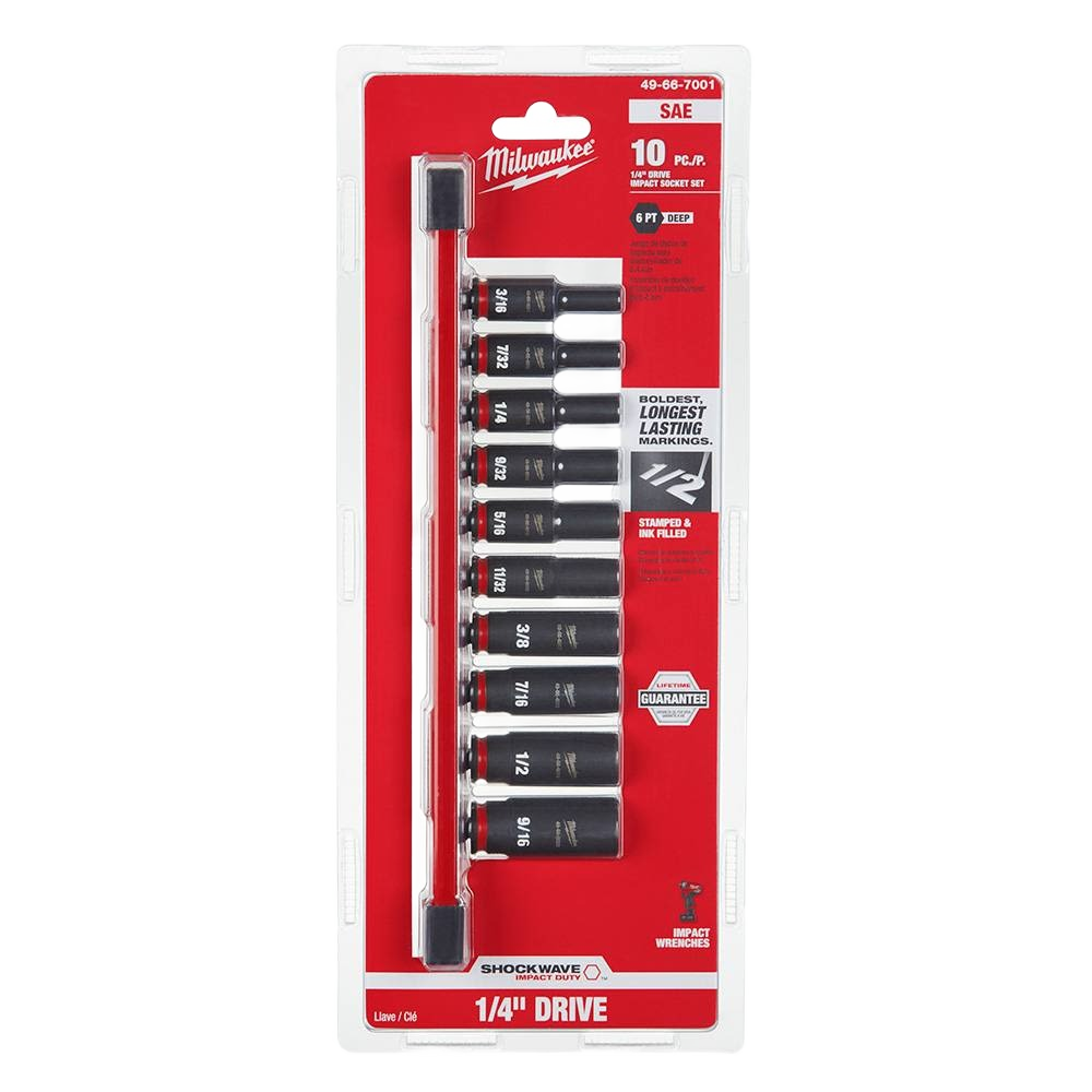 Set of 10 black SAE deep impact sockets with 1/4" drive in red Milwaukee packaging for hand tools collection