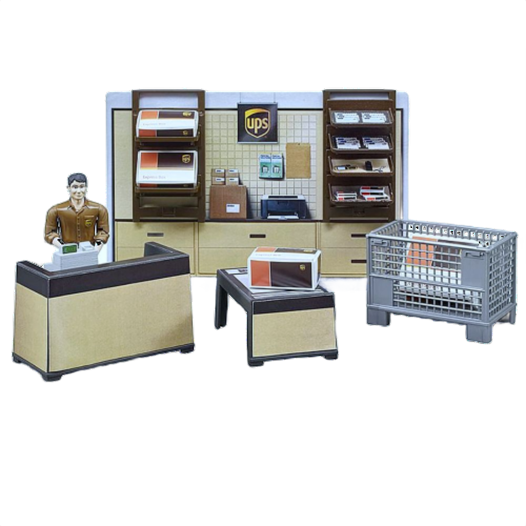 Miniature UPS store playset with counter, shelving, parcels, and figure for toys and games collection under $100