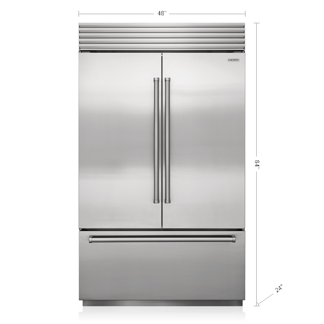 Stainless steel French door refrigerator with freezer drawer, sleek handles in kitchen appliances and refrigerators collection