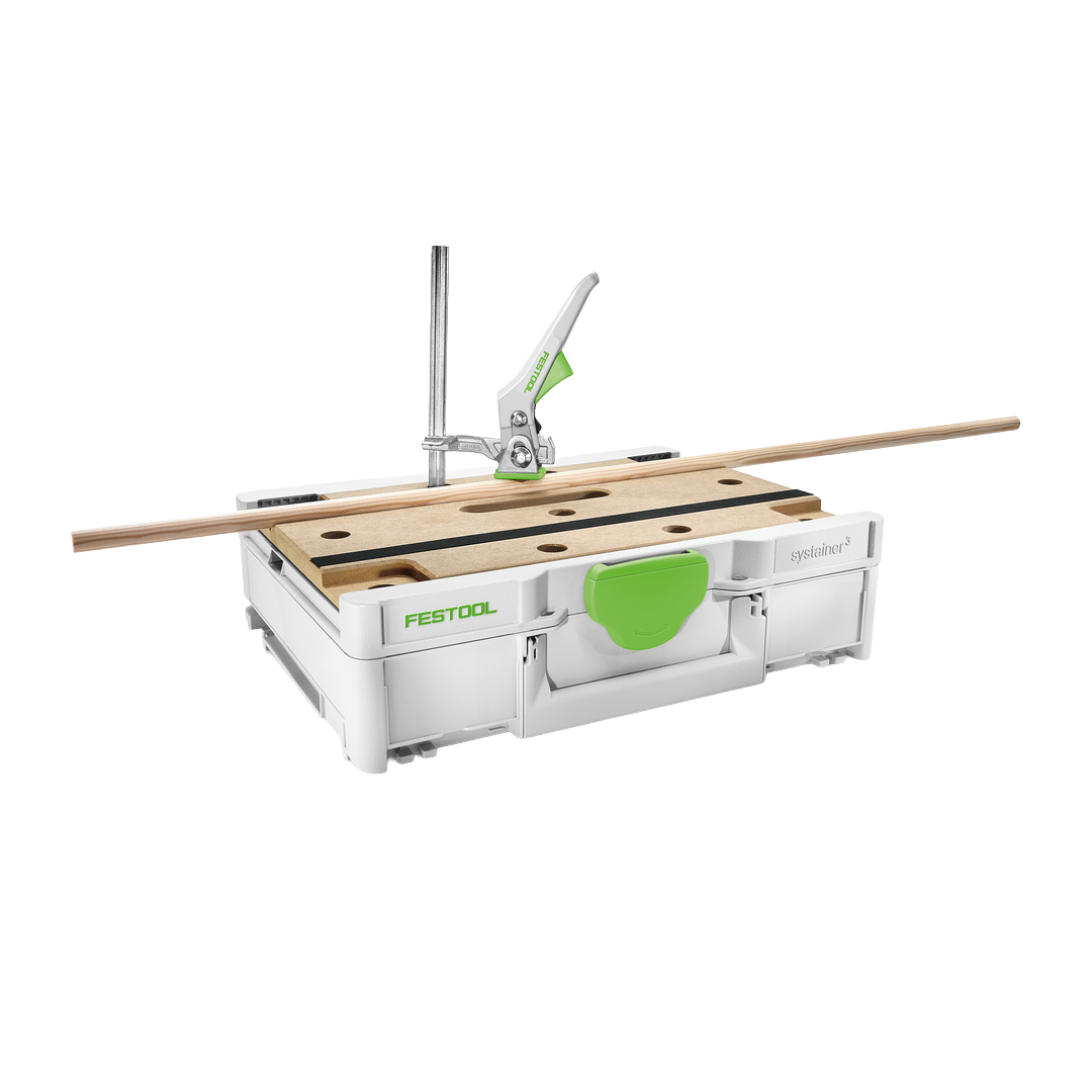 Portable modular workbench with wooden surface and integrated clamp, designed for efficient woodworking and tool organization in workshop settings.