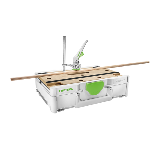 Portable modular workbench with wooden surface and integrated clamp, designed for efficient woodworking and tool organization in workshop settings.