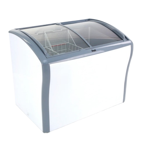 Commercial glass top chest freezer with dual sliding lids, designed for food display in Appliances and Refrigerators collections