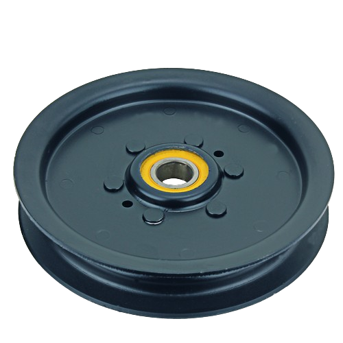 Black mower deck drive idler pulley with central bearing for lawn equipment maintenance and repair tasks