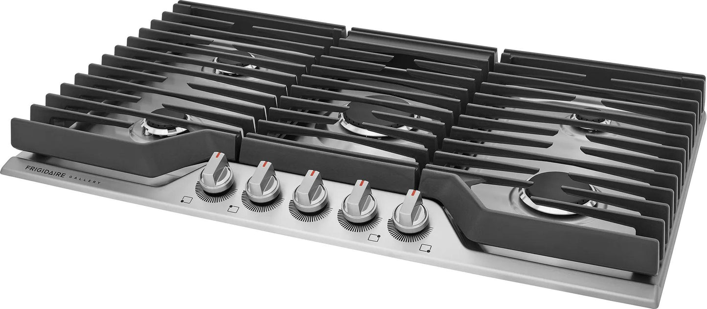 36-inch stainless steel gas cooktop with powerful burners, continuous cast iron grates, and front control knobs in appliances collection
