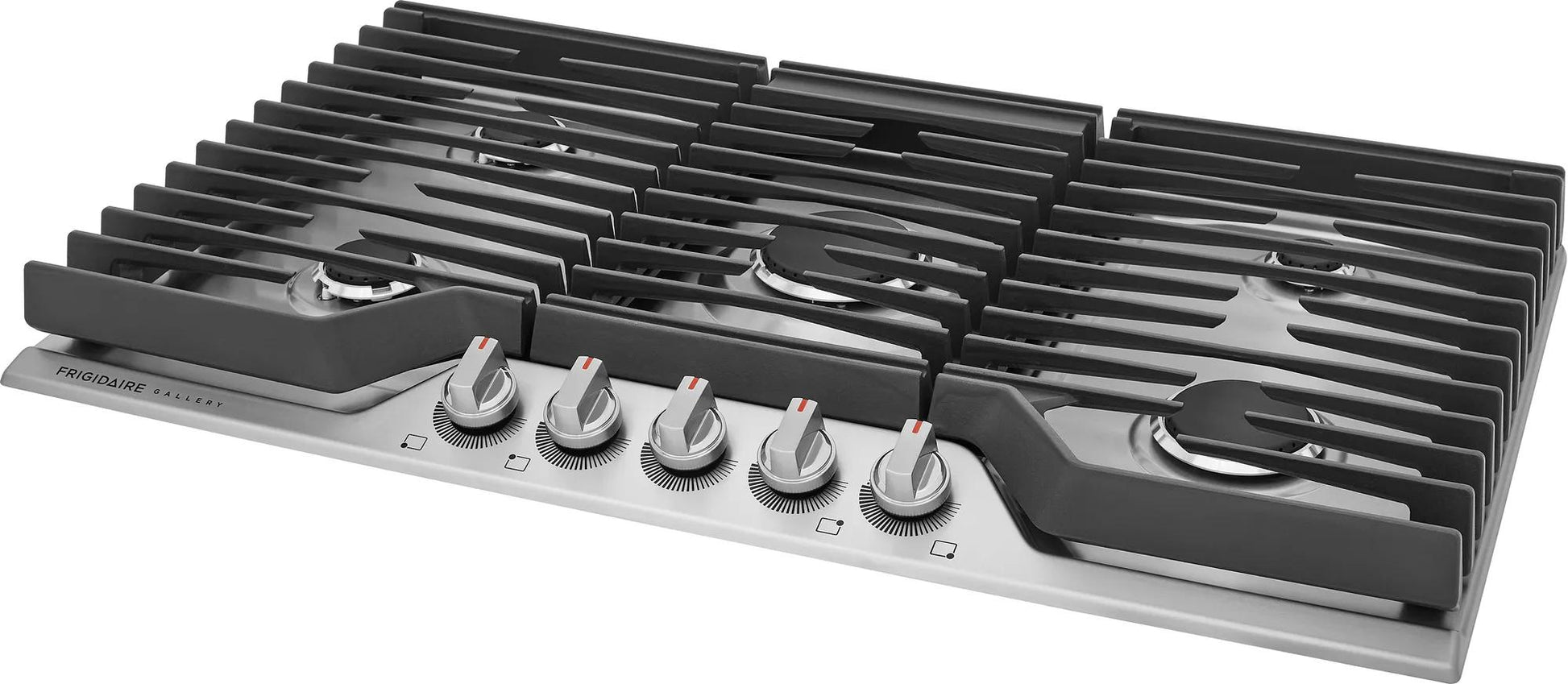36-inch stainless steel gas cooktop with powerful burners, continuous cast iron grates, and front control knobs in appliances collection