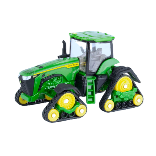 Green and yellow 1/64 scale John Deere 8RX tractor toy with rubber tracks and detailed cab for collectors or play