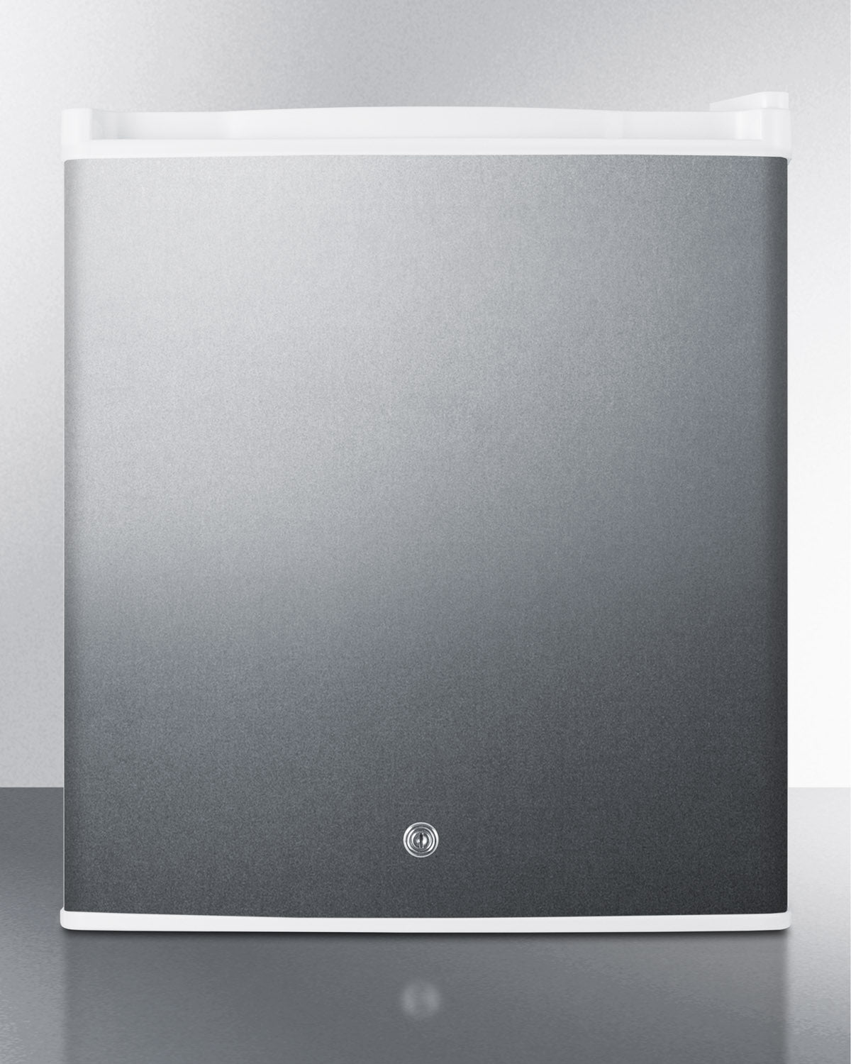 Front view of compact built-in refrigerator with gray metal door and white top and base in mini refrigerators collection