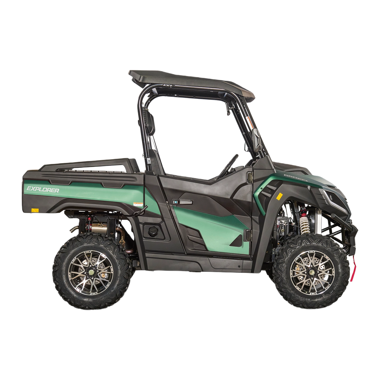 Green utility terrain vehicle with rugged tires and protective roof for outdoor tasks and home improvement use