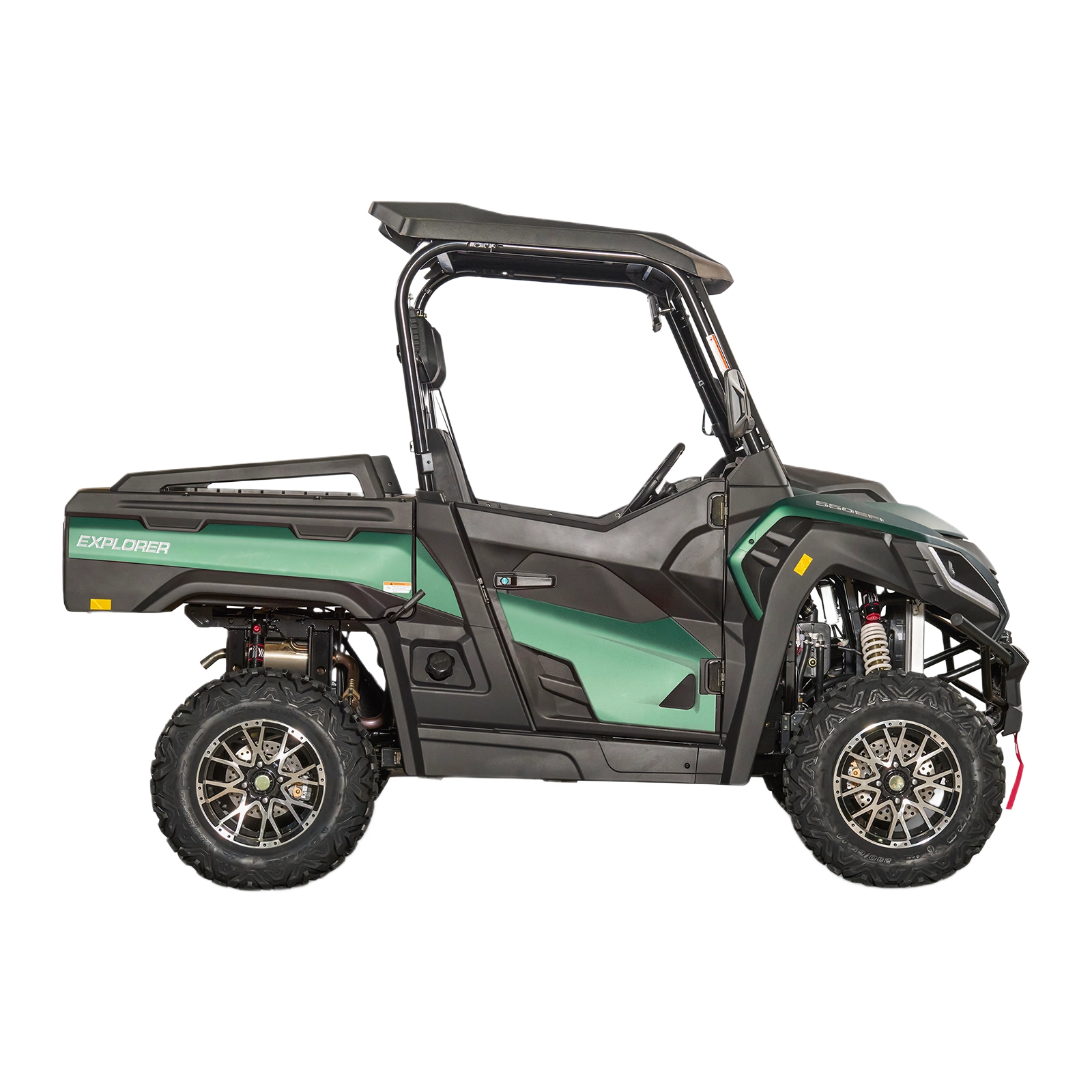 Green utility terrain vehicle with rugged tires and protective roof for outdoor tasks and home improvement use