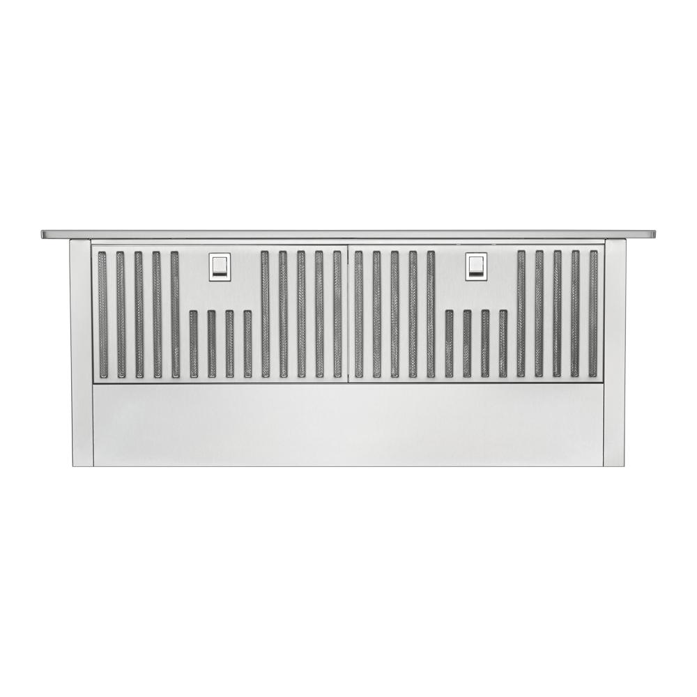 front view of stainless steel retractable downdraft ventilation system for kitchen and home improvement