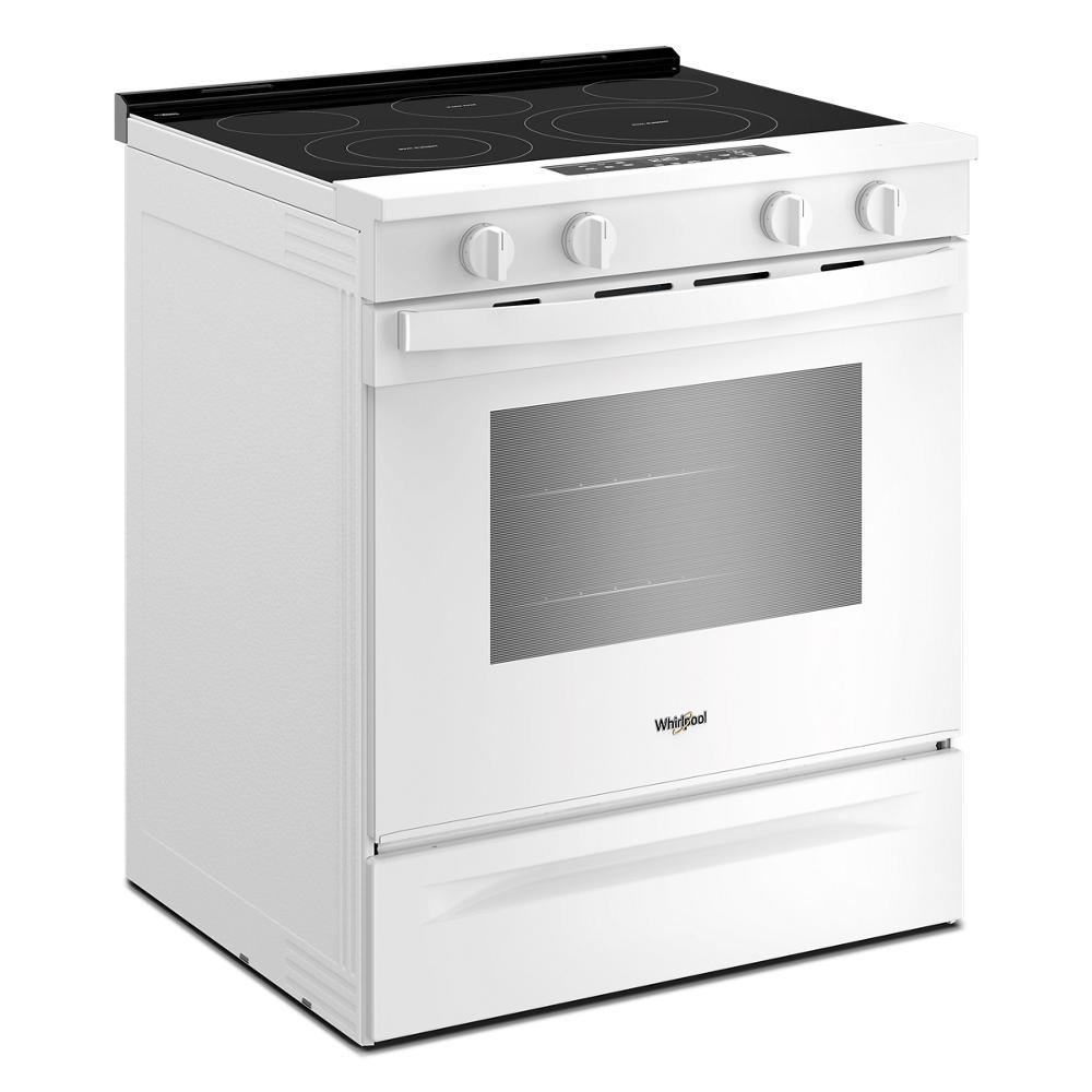 Angled view of a white 30-inch electric range with four control knobs, smooth glass cooktop, and large oven window, ideal for kitchenware and appliance collections including ranges and electric ranges.