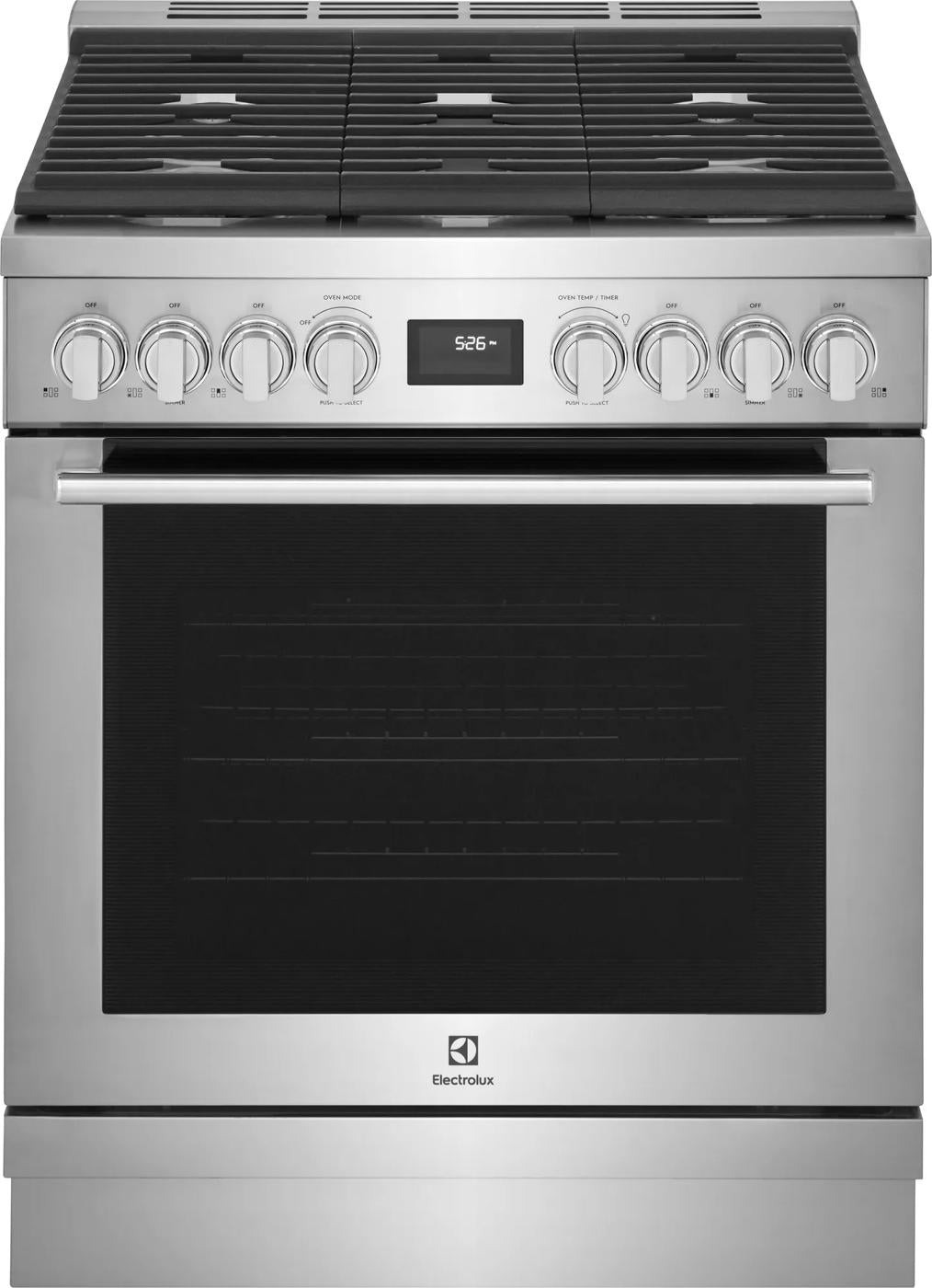Stainless steel gas range with front controls, five burners, digital display, and large oven window from Gas Ranges collection
