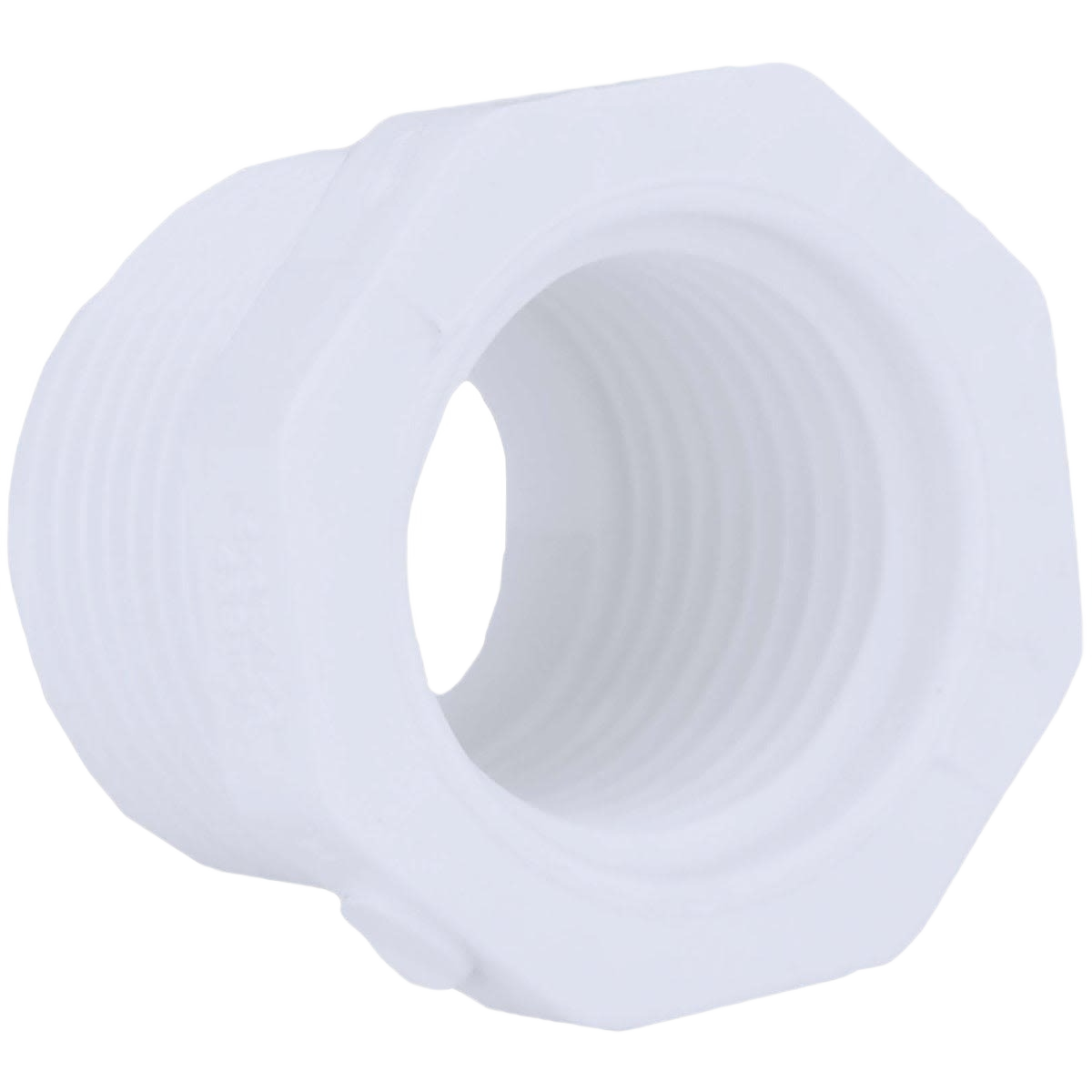 White PVC plumbing bushing with threaded male and female ends for Pipes & Fittings and Home Improvement collections