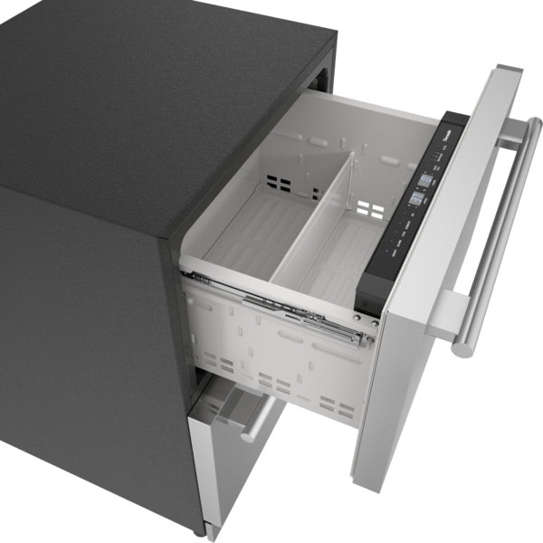 Open under counter combo drawer refrigerator and freezer with digital controls and stainless steel handle for kitchen use