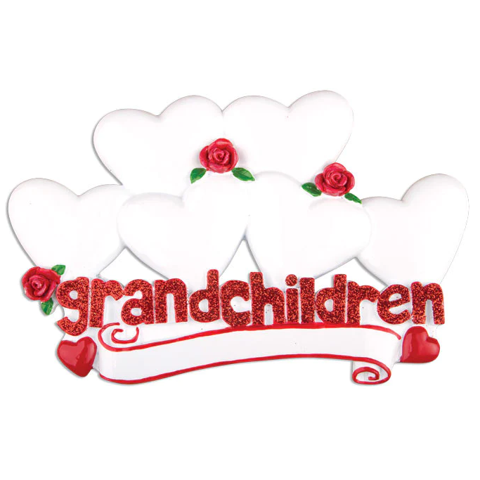 White six-heart ornament with red glitter "grandchildren" text and rose accents for Christmas Ornaments & Tree Decorations collection