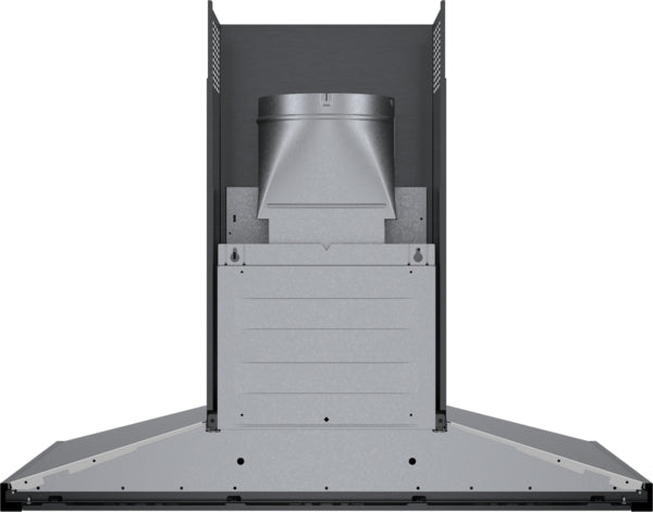 Back view of a black stainless steel wall-mounted range hood showing ventilation and duct connection components