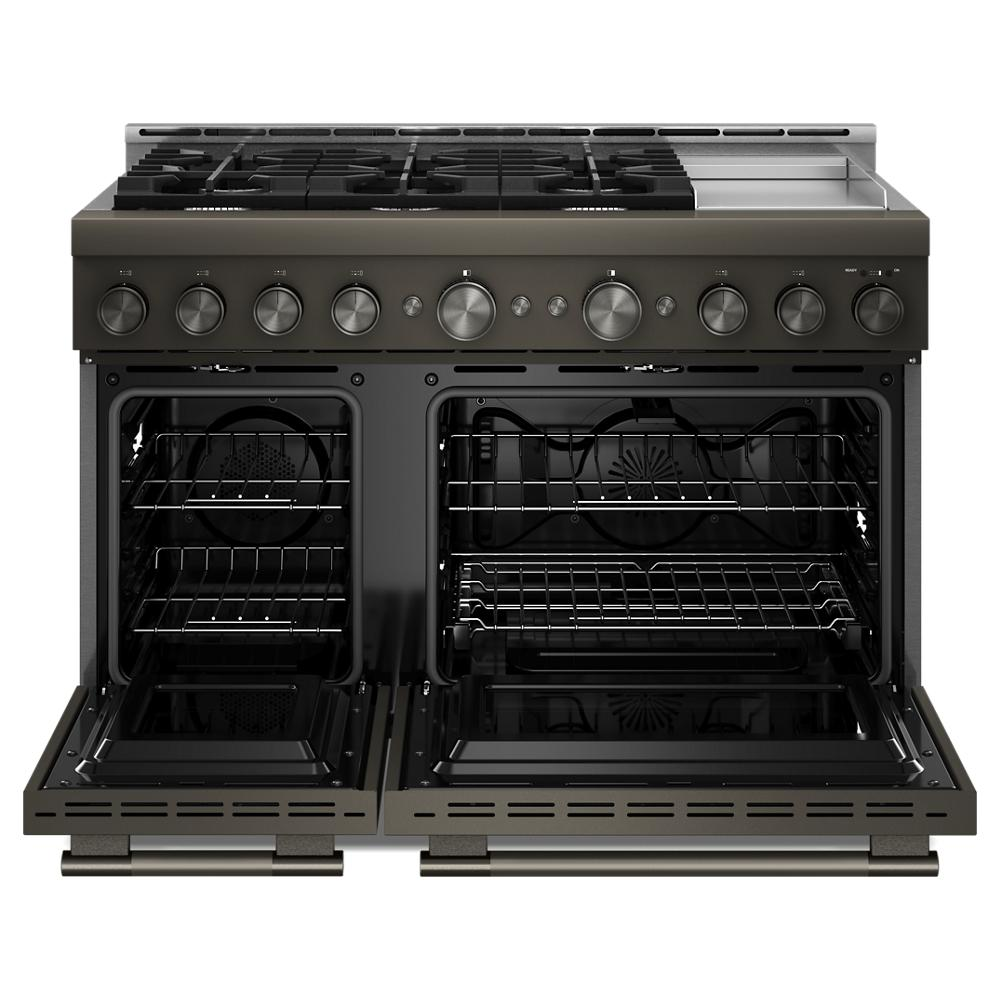Front view of a six-burner gas range with two open ovens and a stainless steel electric griddle from kitchen appliances collection