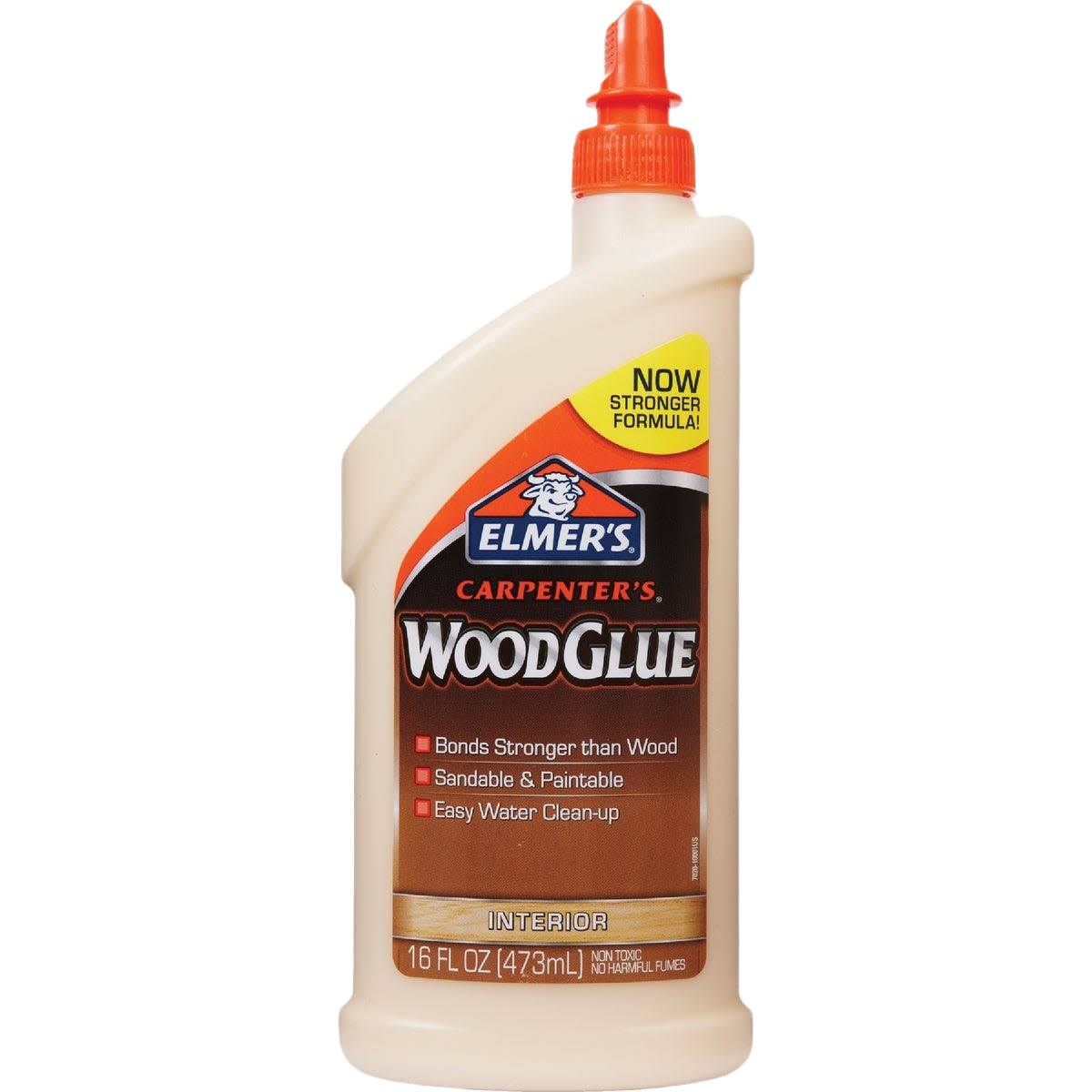 Plastic bottle of wood glue with red cap and label highlighting strong bonding and paintable finish for interior wood work