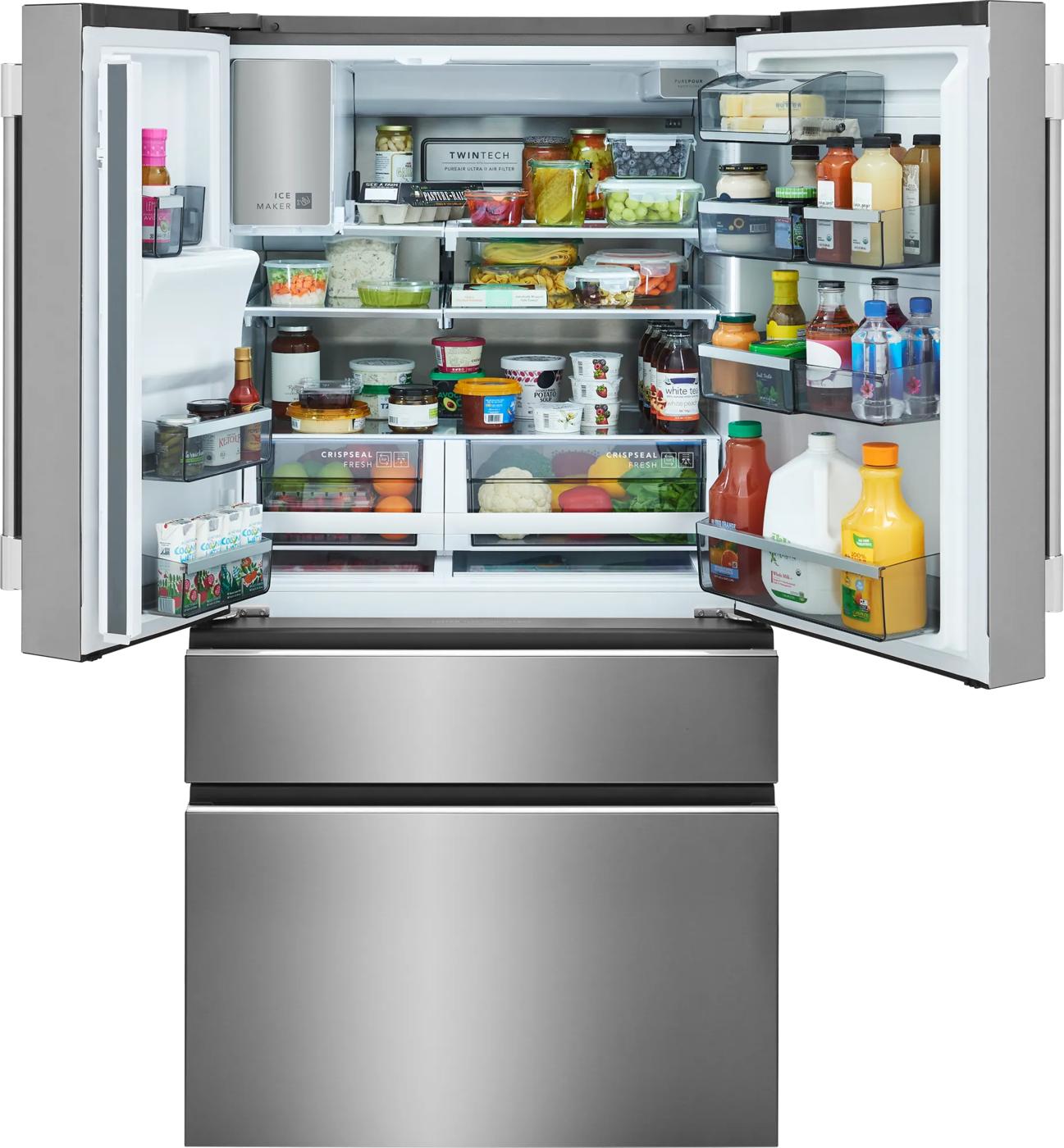 Open stainless steel 26 Cu. Ft. standard-depth four-door French door refrigerator showing organized fresh food, beverages, and adjustable shelves, for Refrigerators, French Door Refrigerators, Kitchen & Kitchenware, and Appliances collections.