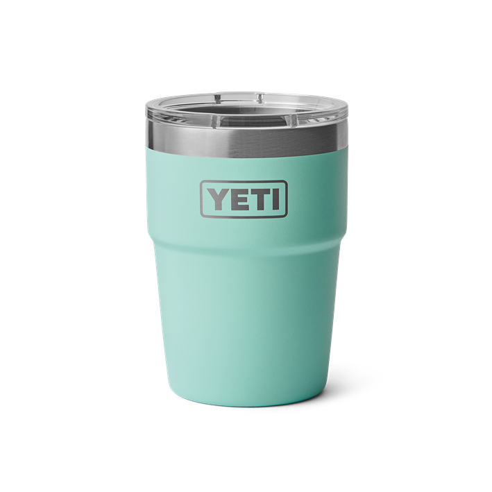 16 oz pale turquoise YETI insulated stackable cup with clear lid and stainless steel rim from drinkware collections
