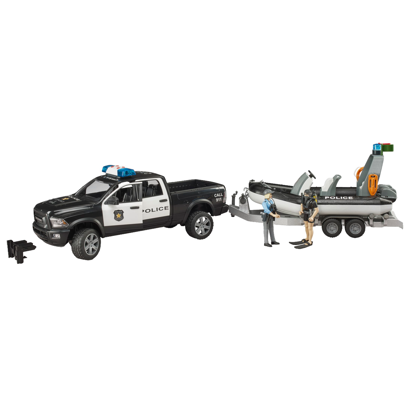 1:16 scale black and white police pickup with trailer, inflatable boat, and two officer figures from Bruder Toys collection