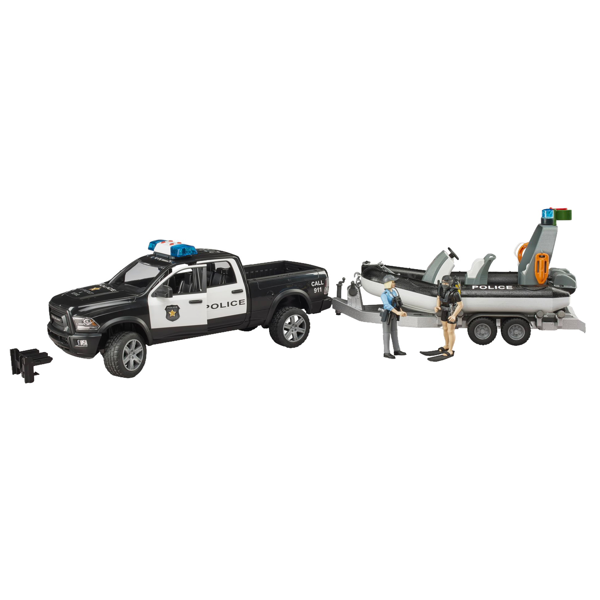 1:16 scale black and white police pickup with trailer, inflatable boat, and two officer figures from Bruder Toys collection