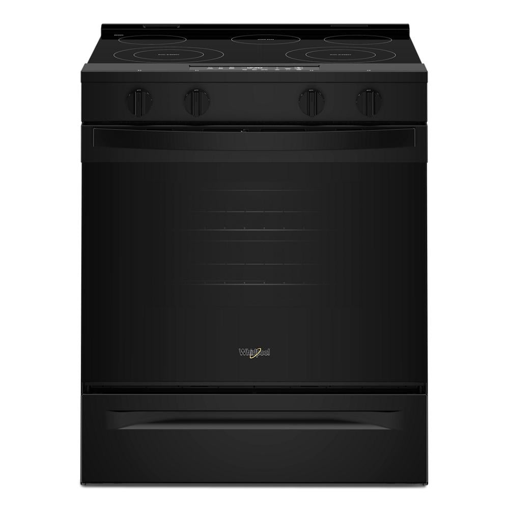 Front view of a black 30-inch electric range with four control knobs and a smooth cooktop, suitable for kitchen and appliance collections including electric ranges and home improvement.