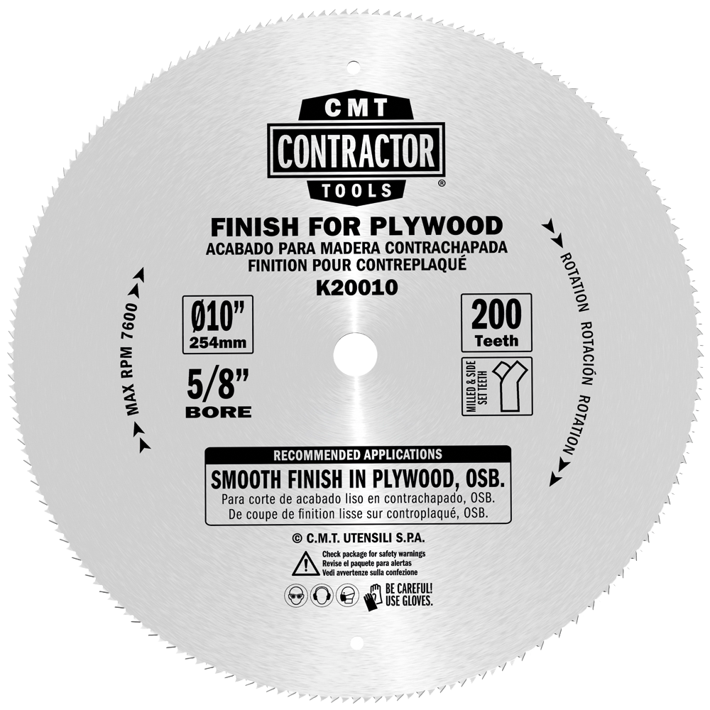 CMT Orange Tools 10" 200T Contractor Finish Saw Blade For Plywood 10’’x0.094”/0.071”X5/8” <>  T=200