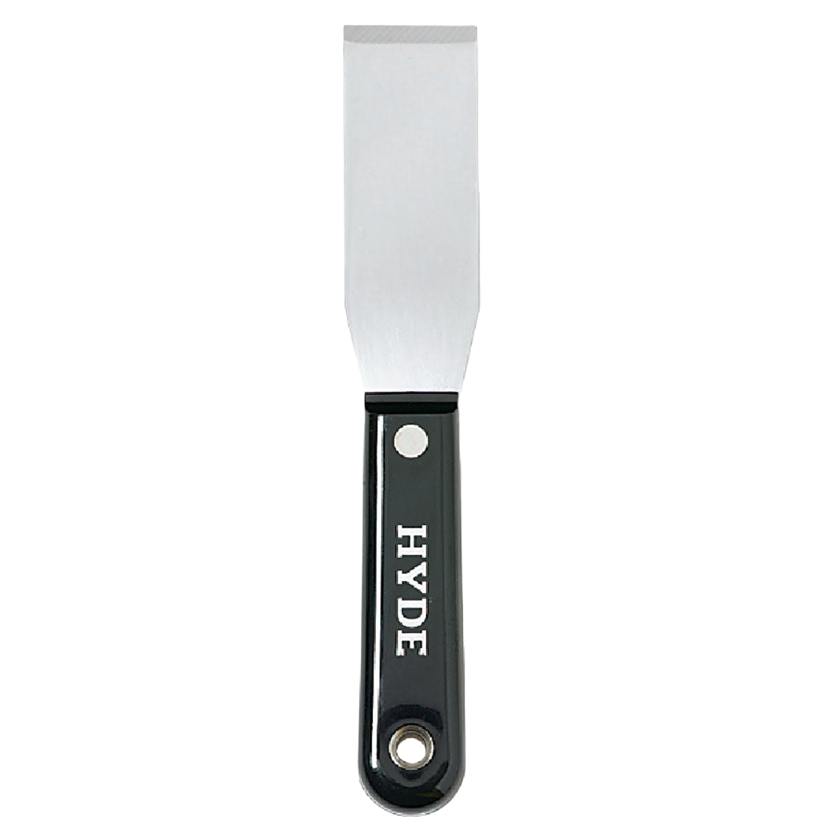 Black and silver stiff chisel putty knife with ergonomic handle for home improvement and painting supplies collections