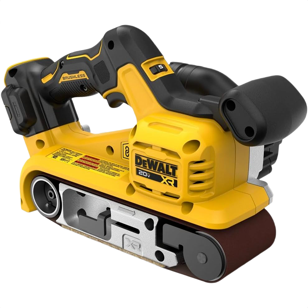 Cordless yellow and black brushless belt sander with ergonomic grip for home improvement and woodworking tasks