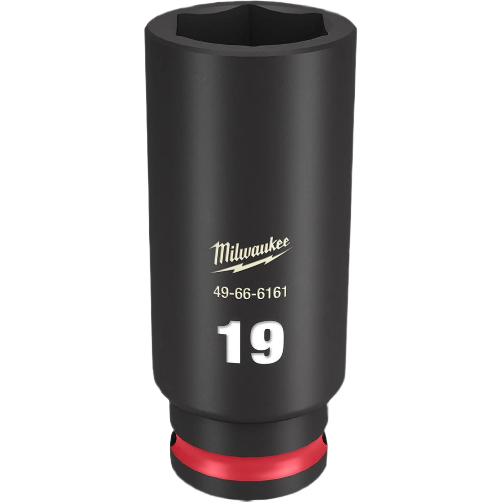 Deep 19-mm impact socket with 6-point hex design, part of Milwaukee Hand Tools for home improvement collections