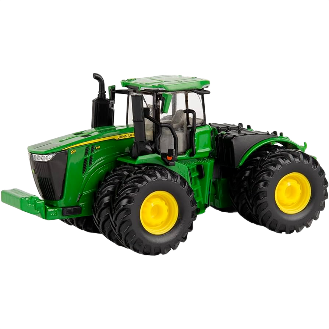 Green and yellow 1:64 scale John Deere 9R 640 tractor model from the Prestige Collection for display or play