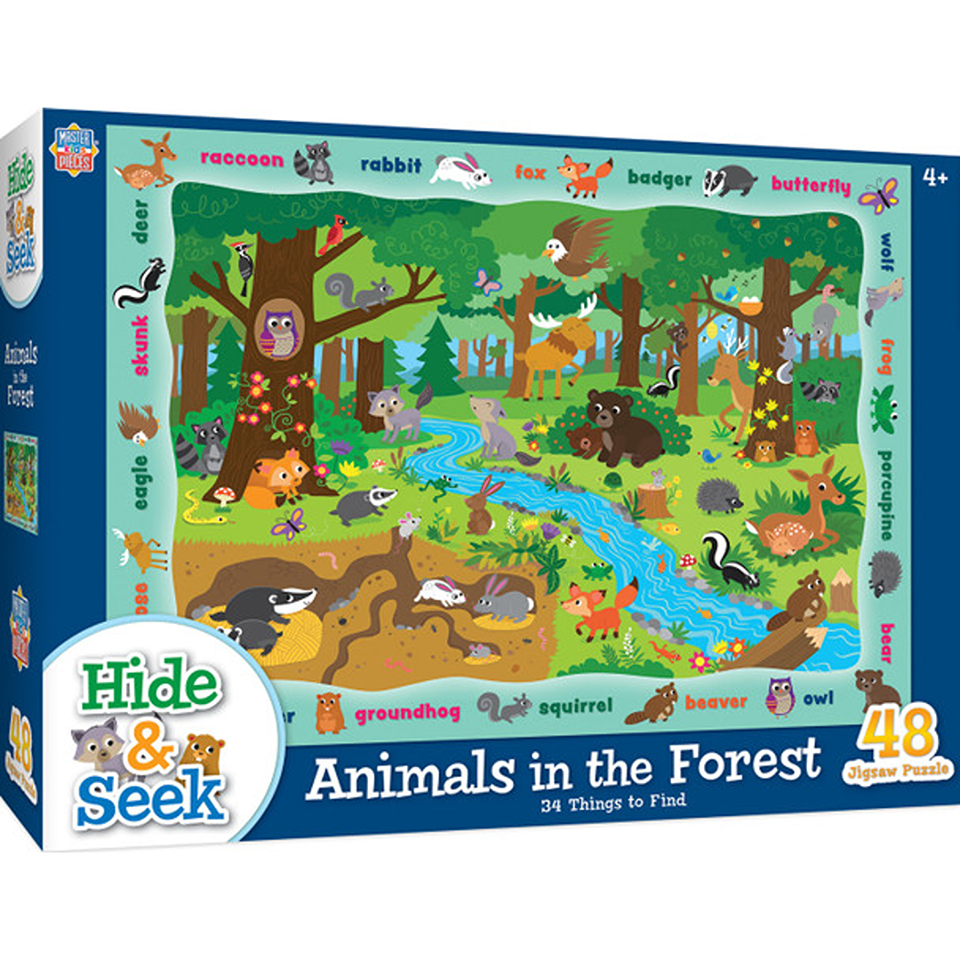 Colorful 48-piece jigsaw puzzle featuring various forest animals and a flowing river for kids in toys and puzzles collections