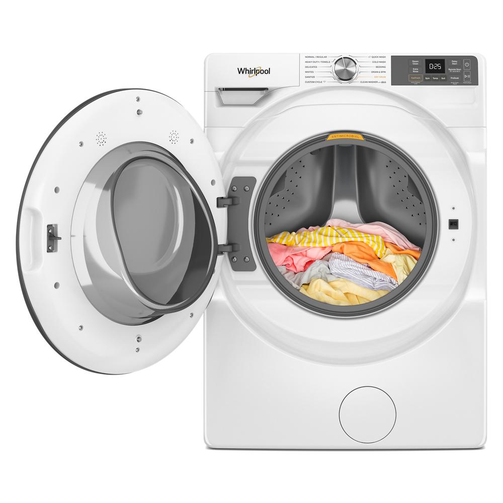 White front load washer with open door showing colorful clothes inside, part of front load washers and appliances collection.