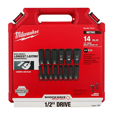 Red Milwaukee case containing 14 impact duty 1/2" drive 6 point metric sockets for tools and home improvement