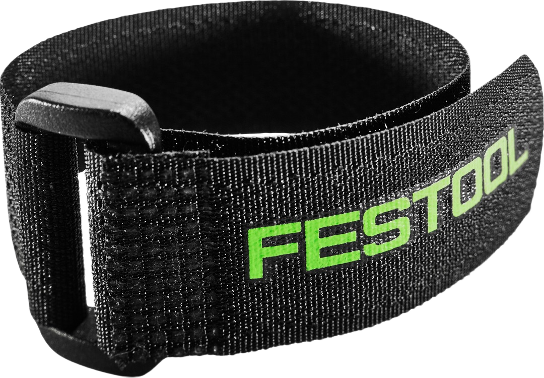Black hook-and-loop cord management fastener with green Festool logo for woodworking tools and home improvement use