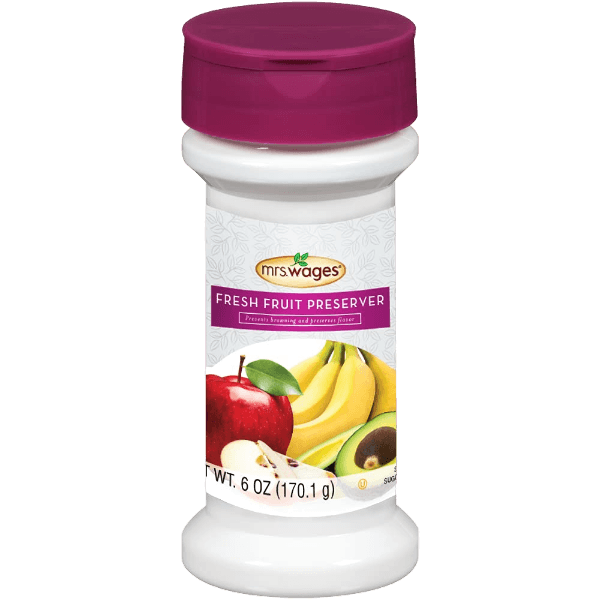 Plastic container of fruit preserver with images of apple, banana, and avocado on label and purple cap
