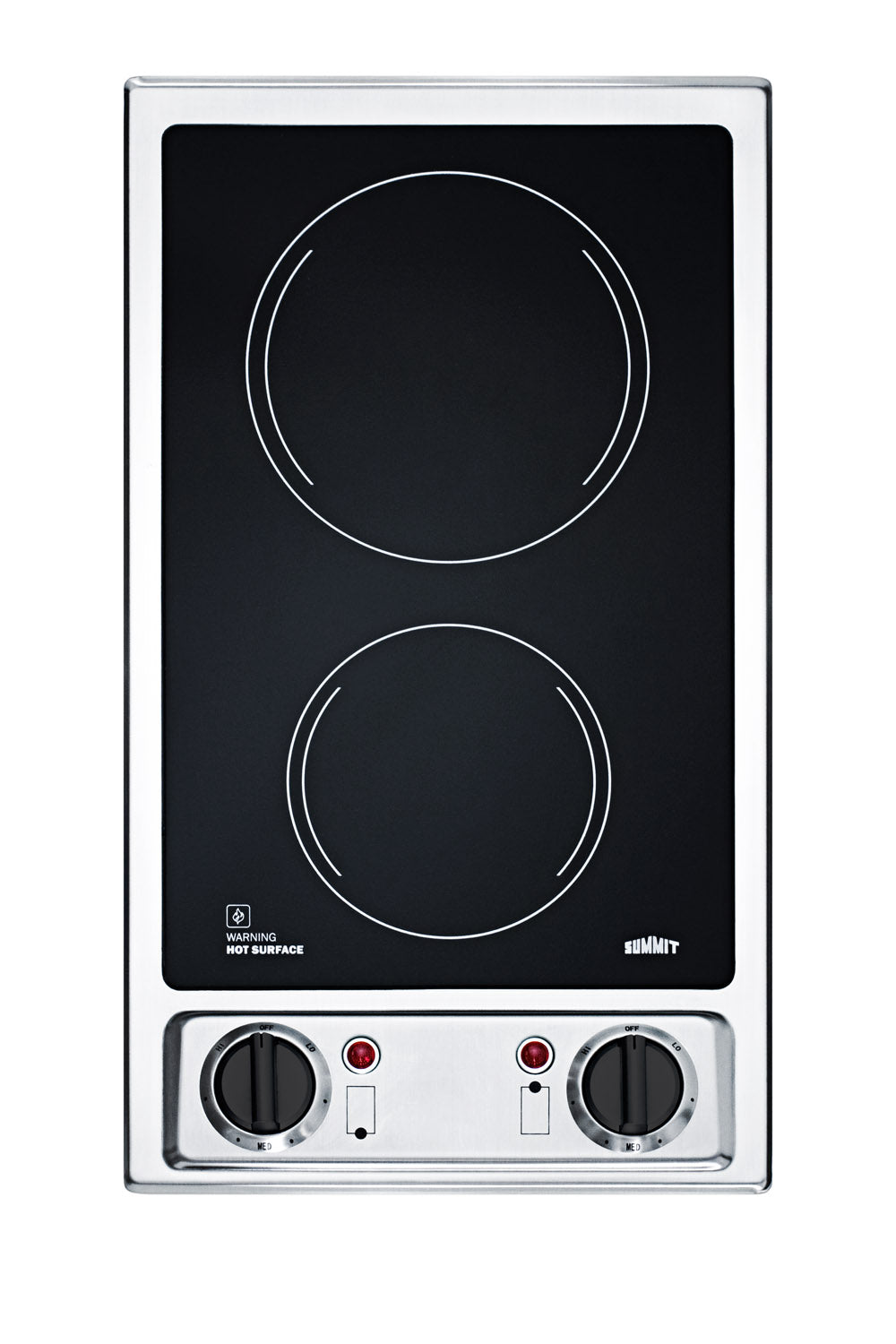 Compact 12-inch radiant cooktop with two burners, stainless steel controls, and black glass surface for home improvement use