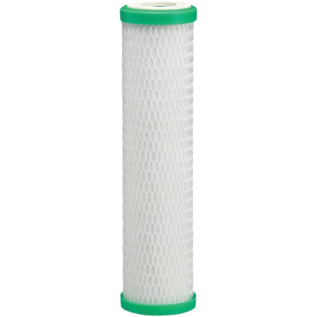 White cylindrical water filter cartridge with green end caps for under sink filtration systems and home improvement tasks