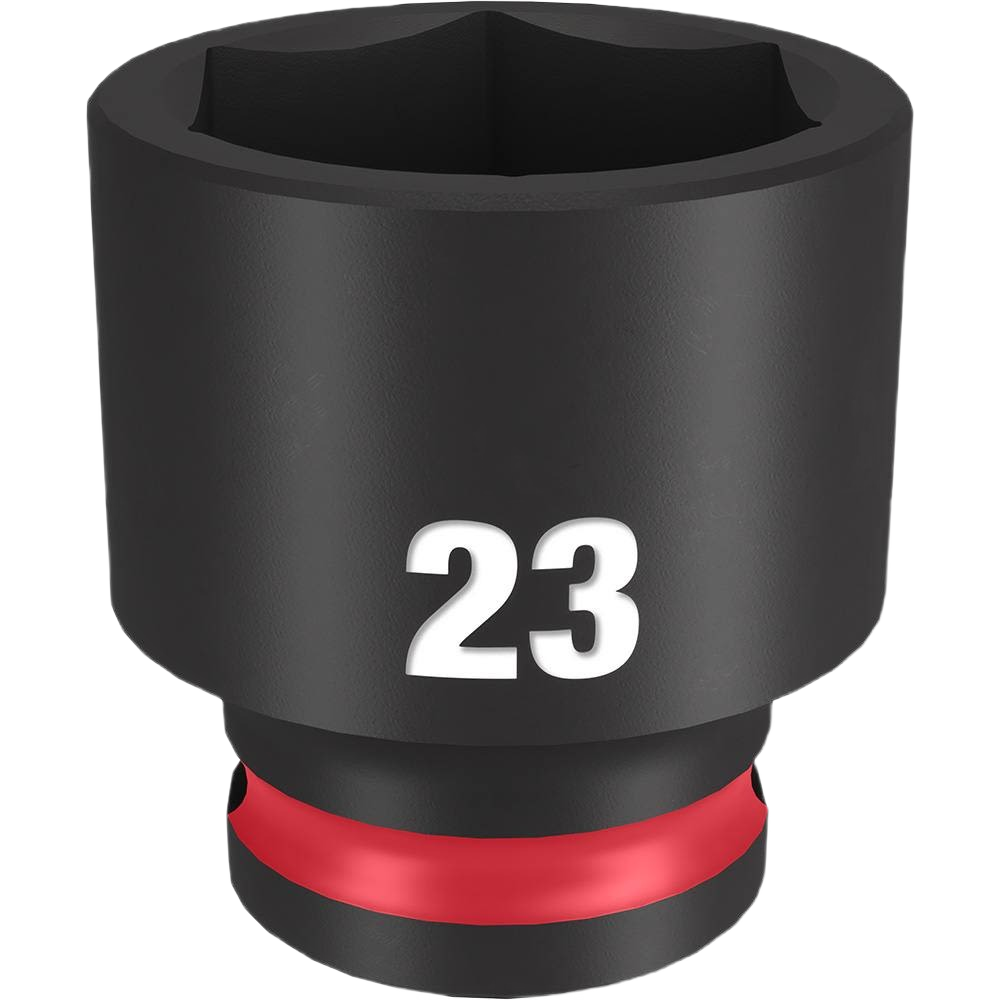 23-mm black impact socket with 6-point design and red ring, suitable for hand tools and home improvement tasks