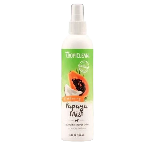 White spray bottle of TropiClean deodorizing pet spray with papaya fruit image on label