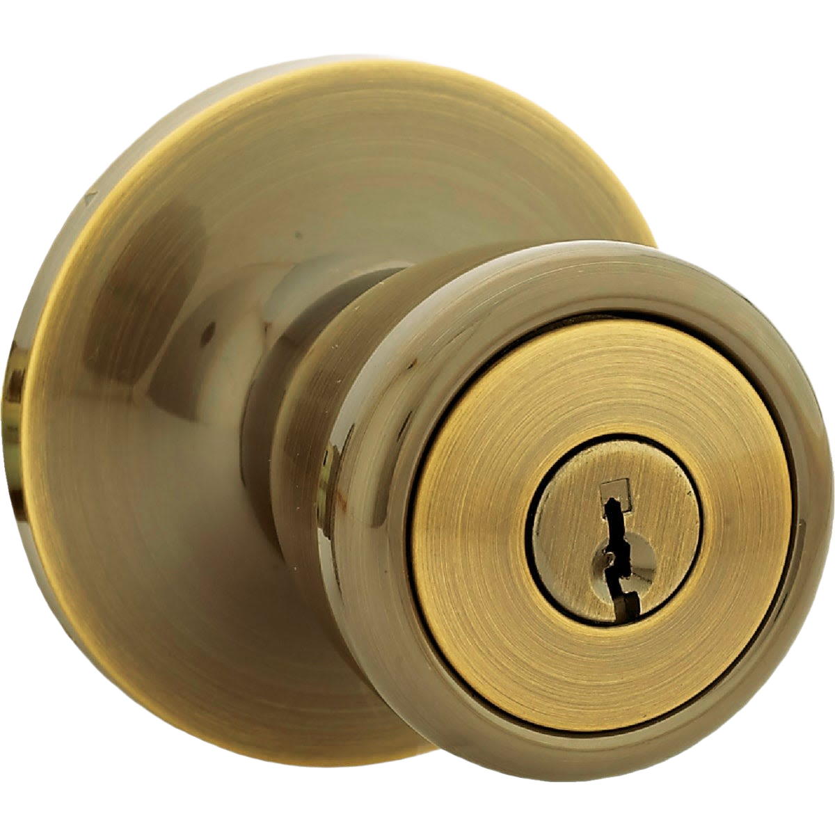 Antique brass tulip-style entry door knob with keyed lock for exterior door hardware and home improvement projects