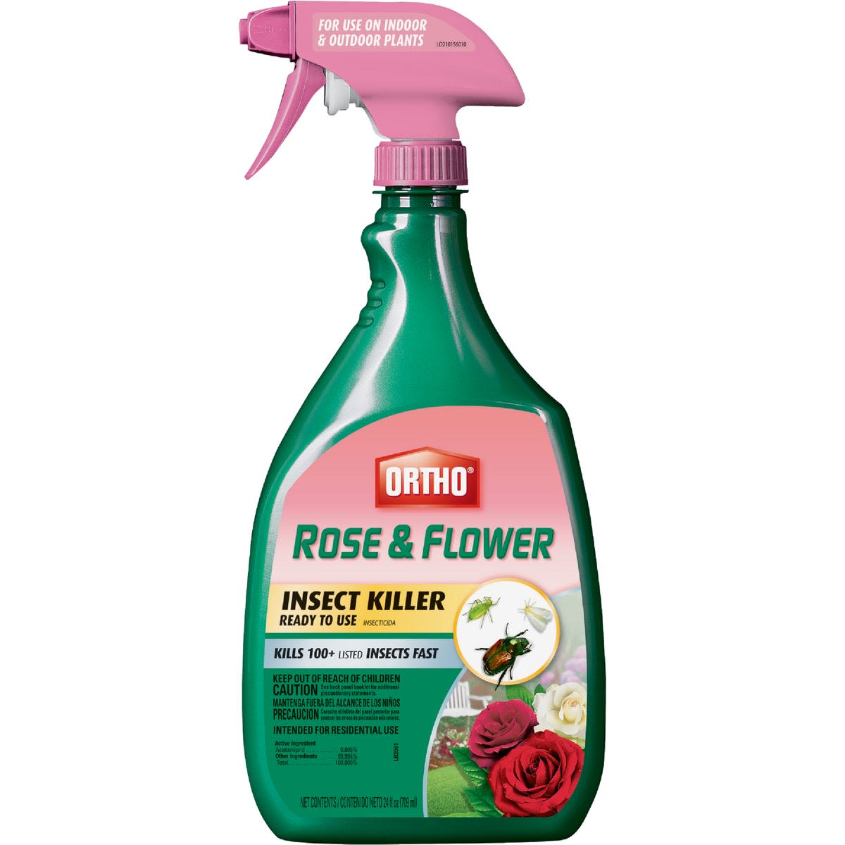 Green and pink spray bottle of Ortho Rose & Flower insect killer for plant and garden pest control under $50