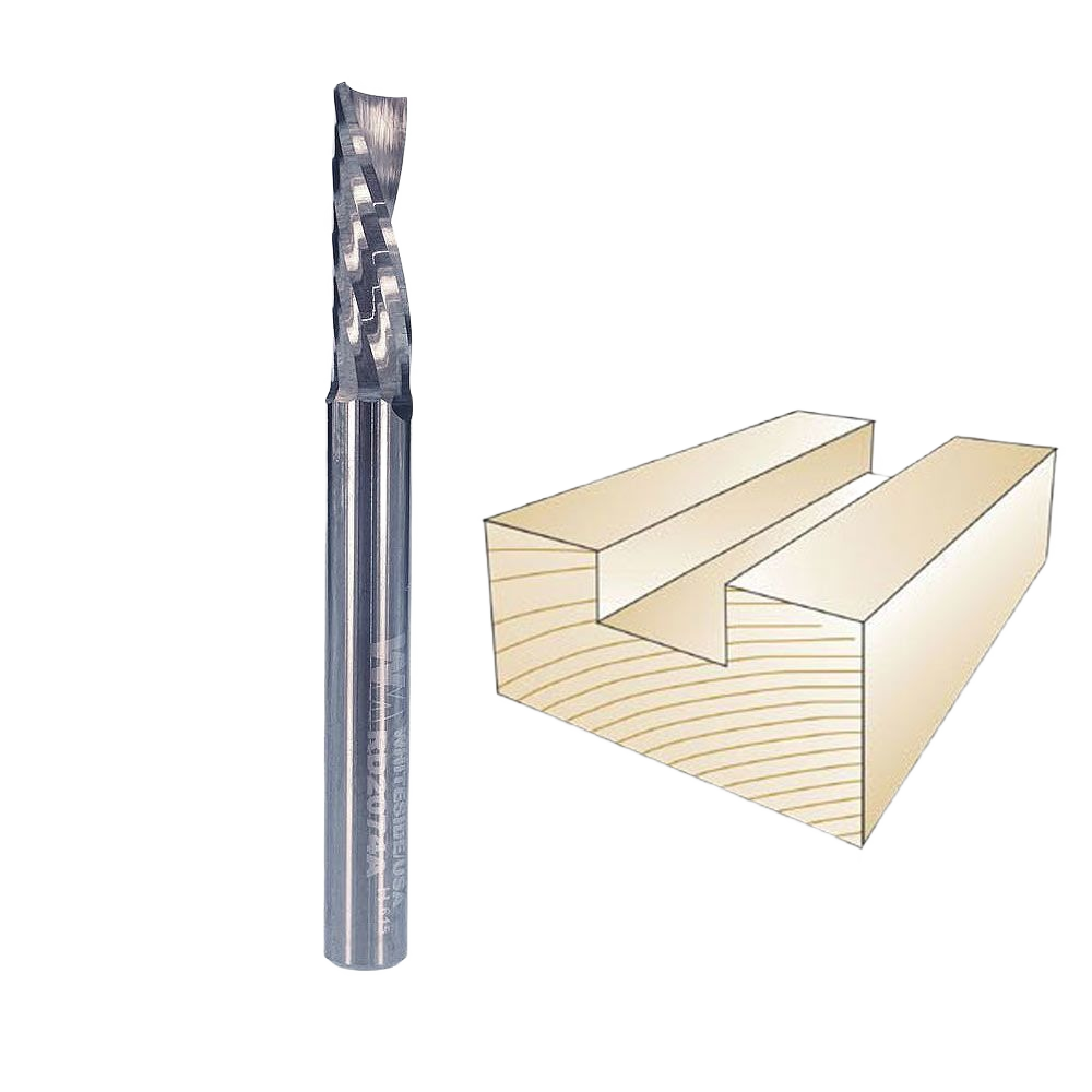O-flute spiral downcut router bit next to a wood groove cut sample for tool and power tool accessories collections