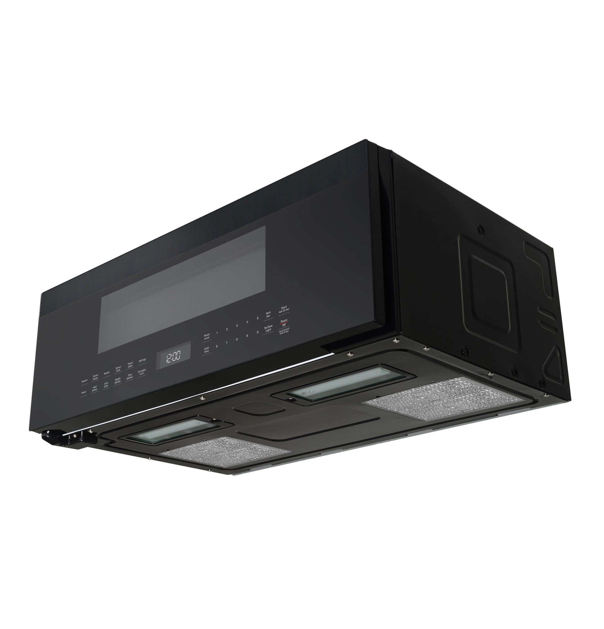 Black low-profile over-the-range microwave with digital sensor controls and under-cabinet lights in Microwaves collection
