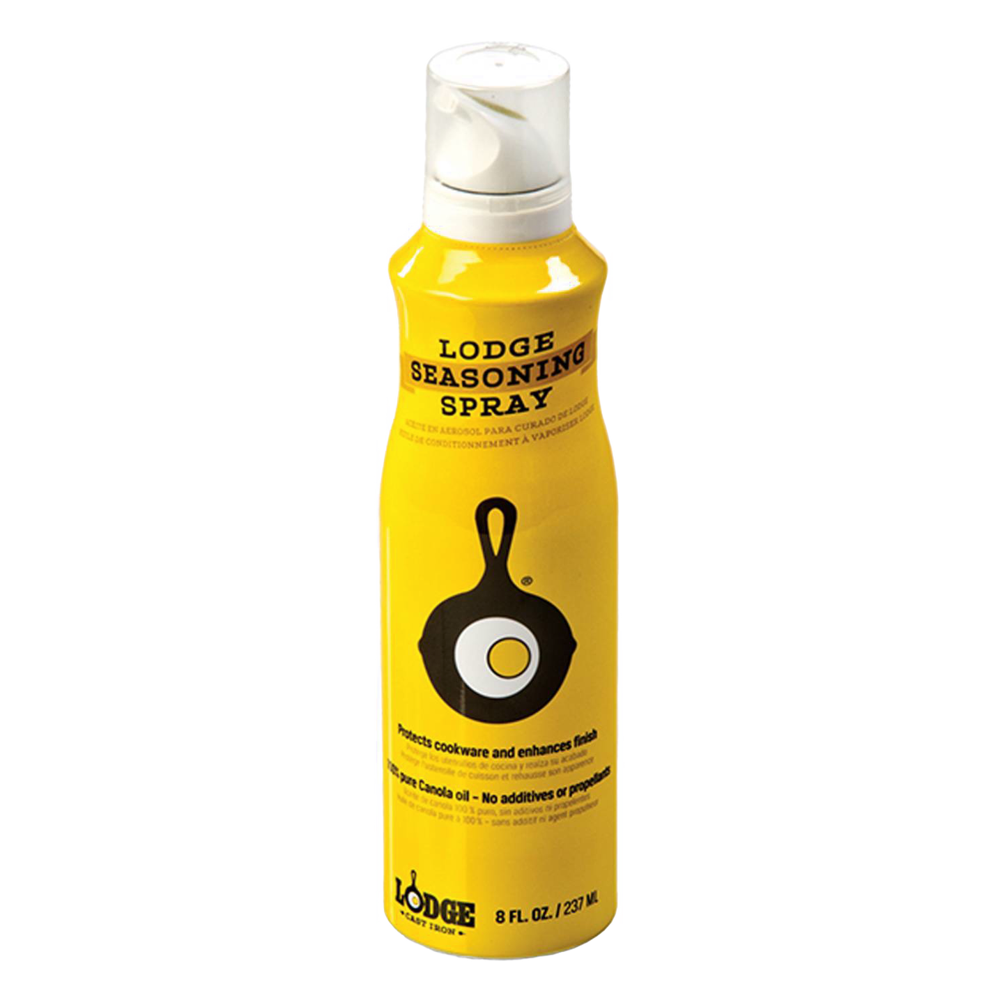Yellow can of 8 oz seasoning spray for cast iron cookware, part of kitchenware and Lodge Cast Iron collections