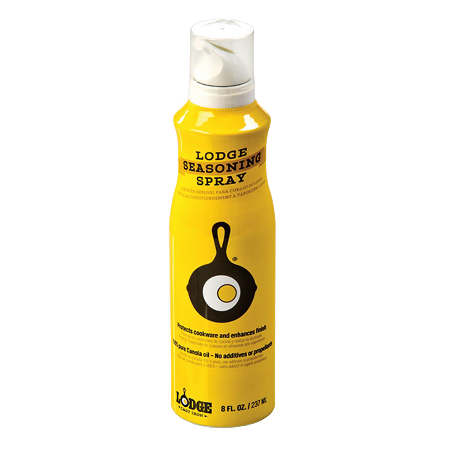 Yellow can of 8 oz seasoning spray for cast iron cookware, part of kitchenware and Lodge Cast Iron collections